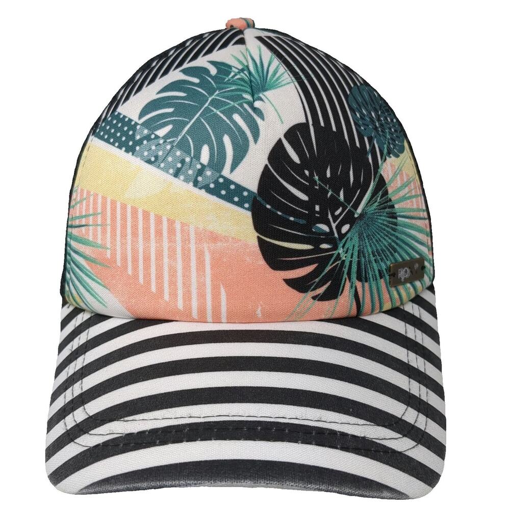 Roxy Trucker Hat Black White One Size Tropical Palm Monstera Mesh Striped Brim